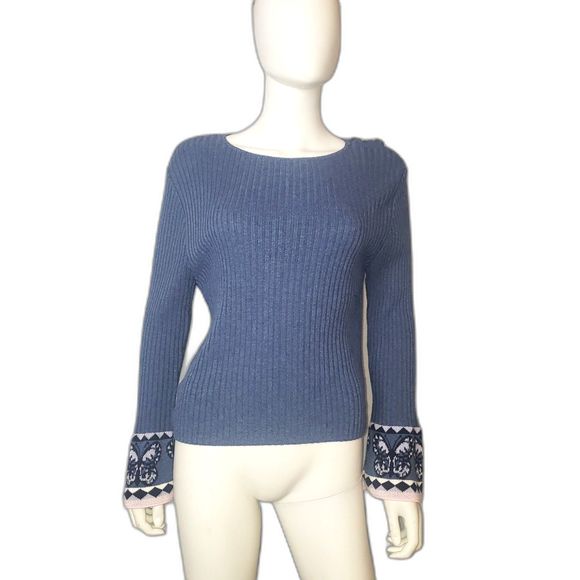Vintage Y2K RAG Blue Ribbed Sweater with Butterfly Print Bell Sleeves Size XL - Picture 1 of 6